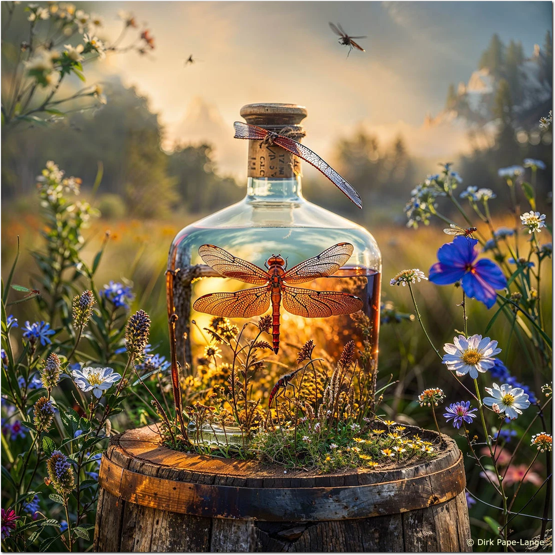 Libelle auf einer Flasche 2024 Libellen von einer KI